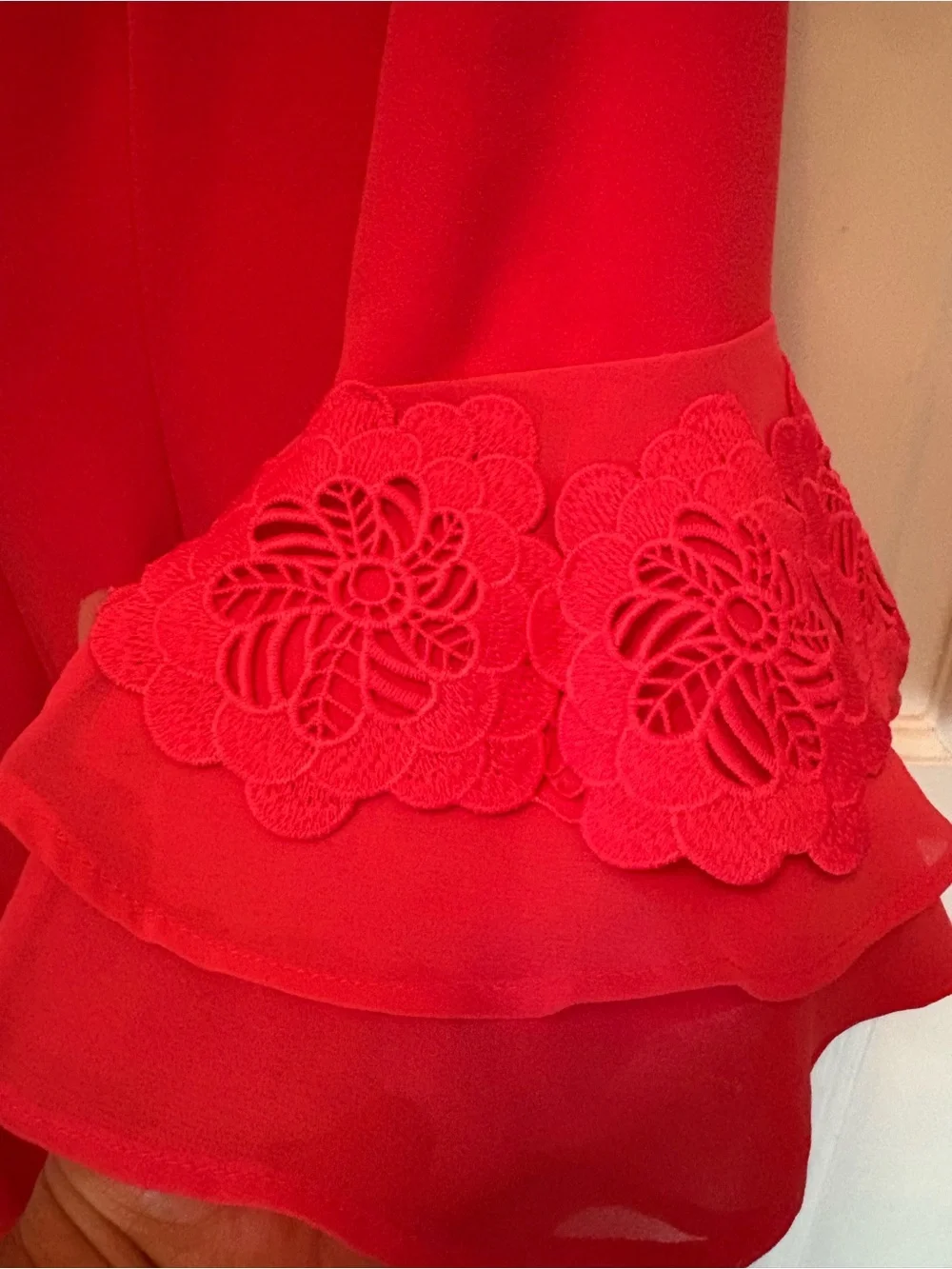 Calvin Klein Red Long-Sleeve Sheath Dress with Lace Ruffle Cuffs
